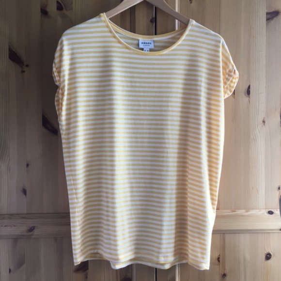 Yellow and White Striped T-shirt French Style Size M - Picture 8 of 8